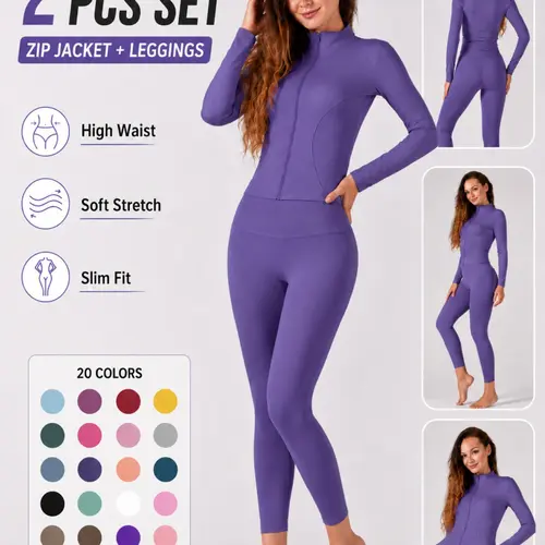 Women's Two-Piece Sportswear Set, Long Sleeve Zip-Up Top & Slim Fit Pants, Stretchable Activewear, Solid Color Design, Athletic Workout Clothing, Ideal for Gym, Fitness, Outdoor Activities, Gym Workout Clothes