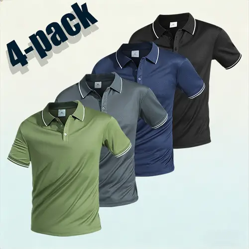 Men’s Polo Shirt with Contrast Trim, Green/Gray/Navy Blue/Black, Casual Short Sleeve (Pack of 4)