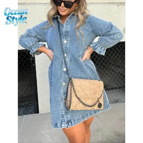 Women's Washed Denim Puff Sleeve Casual Mini Dress - Collared Button-Down, Short-Length, Ruffle Hem, Matte Silver Buttons, Pleated, Cute Basic Style, 2 Ways to Wear, Denim Dresses, Women's Clothes, Women's Clothes 2 Ways To Wear