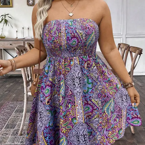 Plus Size Women Boho Print Casual Wear Chic Ruched Dress, Strapless Sleeveless Gathered Tube Top, Perfect for Summer Vacation, Music Festivals, Parties, Bohemian Style