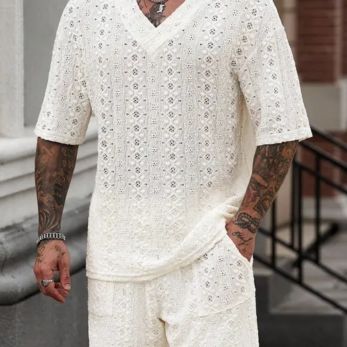 Men's Knitted Texture T-Shirt Set, V-Neck Short Sleeve Breathable Tee, Summer Two-Piece Matching Set Outfit, Men's Fashion Clothing