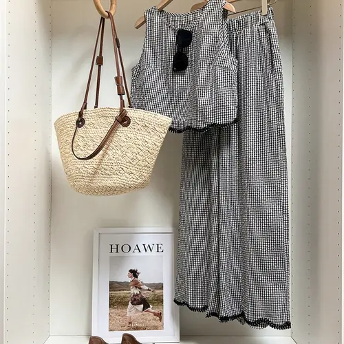 Women's French Vintage Casual Summer Sleeveless Baggy Loose Fit Oversized Top Set Womenswear, Plaid Lace Trim Non-Elastic Organza, Daily Commute Vacation Wear Fashion Clothing Set