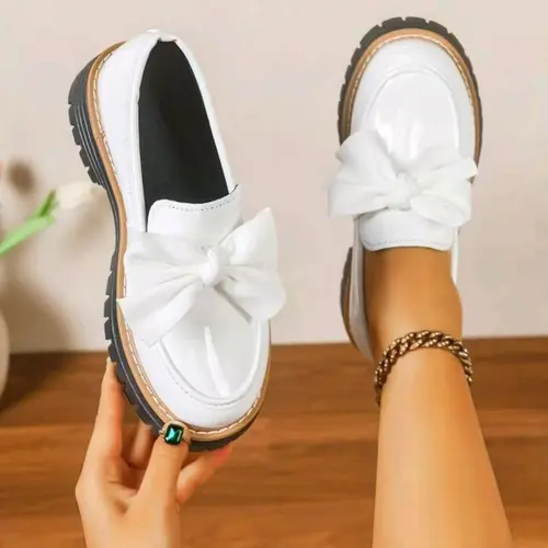 Women's Bowknot Loafers, Platform Chunky Loafers, Flatform, Thick Sole PU Leather Shoes, Slip On Shoes, Slip Ins Shoes, Walking Shoes, Chunky Heel Design, All-Season Comfortable Footwear, Casual Footwear, Modest Style