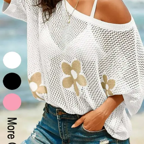 Summer Lightweight Women's Fashion Floral Big Round Neck Short Sleeve Breathable Knit Clothing Pullover, Casual Loose-Fitting Colorblock Sweater Tops, Knitwear Womenswear