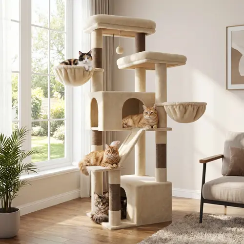 DESKAT 69-Inch Heavy Duty Multi-Level Cat Furniture - 2 Large Condos, Dual Floating Hammocks, 2 Oversized Perches for Big Cats, Pet Scratching Post Alternative