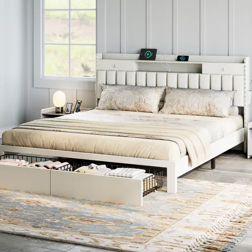 TryLazy Bed Frame with 4 Drawer and 2 USB & 1 Type-C Charging Ports, No Mattress, Upholstered Platform Bed Frame with Storage Headboard Bed Frame,No Box Spring Needed Required Easy Assembly,Full/Queen/King Bedroom Furniture