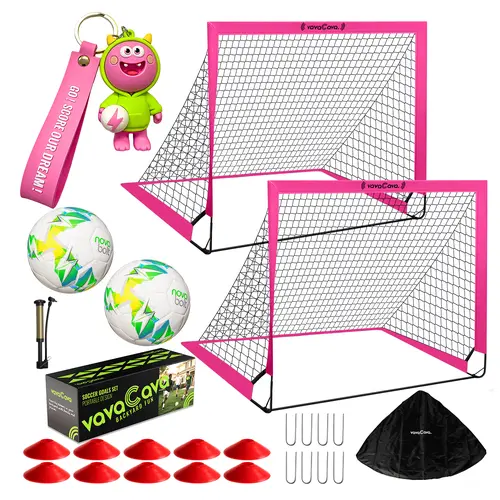 VAVACAVA Pop-Up Soccer Goals Set for Kids, 2 Pack 4'x3' Pink Oxford Fabric Nets for Backyard Soccer, Includes 2 Balls, 10 Cones & Carry Bag, Football Accessories, Portable Football Goals, Soccer Ball Football Goals