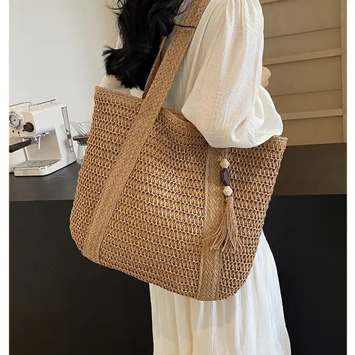 2026 New Large Capacity Fringe Accessory Straw Beach Bag, Perfect for Vacation Travel Shopping Outdoor Use, Stylish and Versatile