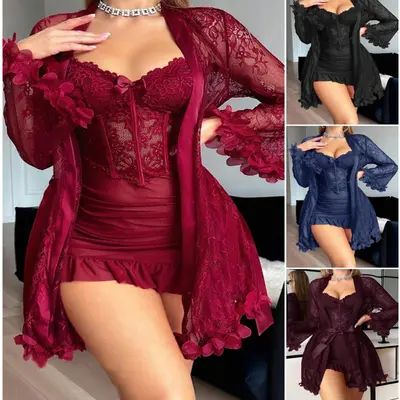 Women's 2-Piece Lace Bodysuit & Nightdress Set - Breathable Mesh Fabric Bodysuit for Women, Cute V-Neck Chemise Cute Nightdresses, 1-Piece Teddy for Effortless Allure