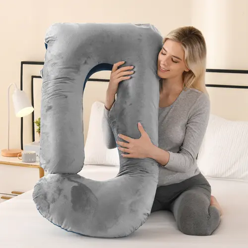 AmoridAge 41-In Maternity J-Shaped Knit Pillow for Pregnant Women, Soft Velvet Full Body Support, Breathable Lumbar Pillow for Side Sleeping, Removable Machine Wash Cover, Stress Relief, All-Season Maternity Supplies, Polyester, All Seasons