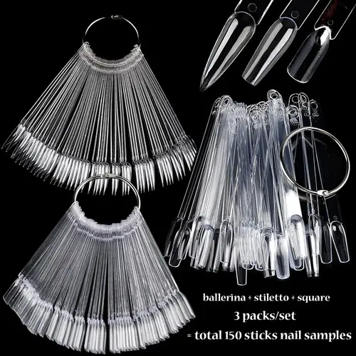 Nail Color Swatch Sticks with Ring, 150pcs Ballerina Square Stiletto Clear Nail Tips, Nail Polish Display Sample Sticks, Salon Quality Nail Salon Supplies, Nail Samples, Nail Art, Nail Design Tools