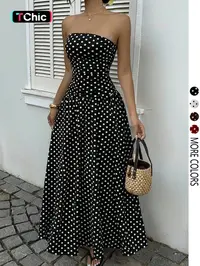Women's Elegant Fashion Polka Dot Print Halter Dress, Stylish Sleeveless Maxi Dress, Cocktail Maxi Dress for Parties and Casual Wear, Elegant Party Apparel, Summer Fashion