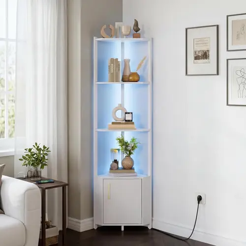 Garvee Durable 5-Tier White LED Corner Shelf Stand - 58”Tall Narrow Metal Frame Bookshelf, Easy-Assembly Home Storage Cabinet, Decorative Organizer & Room Accessories for Living Room