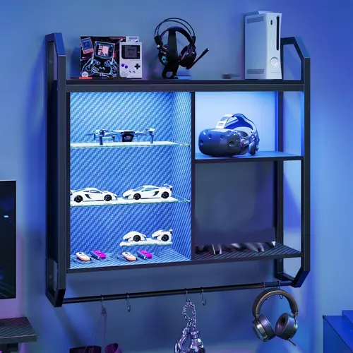 Pinmoco LED Gaming Floating Shelves, 34" Wall Mounted Shelf Pipe Shelves Hanging Display Rack Bookshelf with 6 S-Hook, Gaming Room Decor Wine Coffee Bar