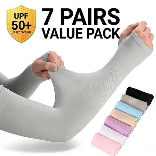 Unisex UPF 50+ UV Protection Ice Silk Arm Sleeves (7-Pair Set) - Breathable Thumb-Hole Covers, Fishing Sun Guard for Men/Women, Easy Share, Ideal for Driving, Hiking, 1 Set for Many Outings