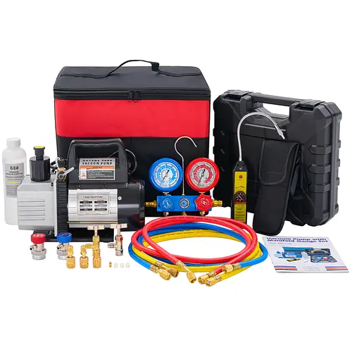 Sweetcrispy 110V 1/3 HP 4CFM Aluminum Single Stage Vacuum Pump Kit, R134a Compatible 0-140 psi Manifold Gauge Set, Leak Detection Tool, 1/4" Hoses & Carry Bag for HVAC AC Refrigeration, ETL Listed