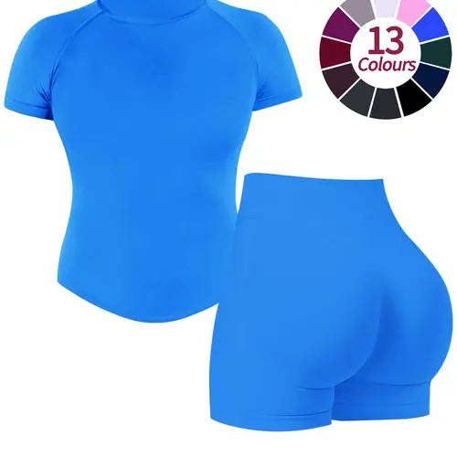 JGS1996 Women’s Sporty Crew Neck 2-Piece Workout Set – Short Sleeve T-Shirt & High Waisted Butt Lifting Shorts Breathable Activewear Sporty Style Outfits for Yoga Gym Running Summer