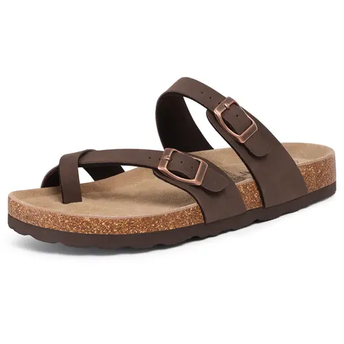 KIDMI Women's Cork Footbed Sandals Summer Flat Sandals  Nonslip Beach Womens Sandals Slip-On Slides with Adjustable Buckle Lightweight Womens Slides Vacation Essentials Sandals