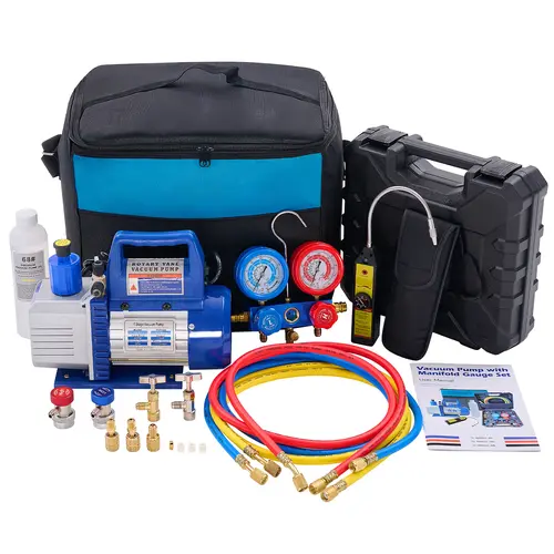 Sweetcrispy 110V 1/3 HP 4CFM Single Stage Vacuum Pump Complete Kit with R134a Manifold Gauge Set, Leak Detector, 4000 psi Hoses, 330ml Capacity, 1/4" Connections, Built-in Fan, Carry Bag for Job Sites, ETL Listed for HVAC AC Refrigeration, Built-In Fan Ke