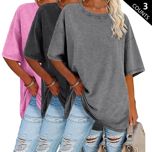 3-Pack 230 g Vintage Washed 100% Cotton T-Shirts – Basic Style, Women’s Casual Crew Neck Summer Tops, Loose Fit, Soft Feel, Breathable Fabric Summervibes