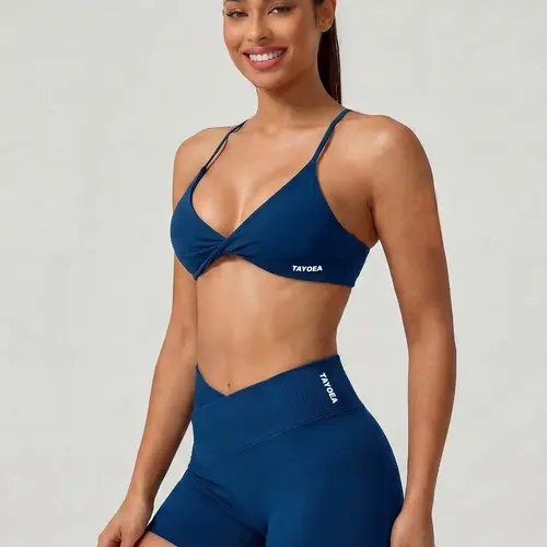 Tayoea Seamless Sports Bra Front Knot Gathered Back Thin Straps, V Cross Waist Lift Hip Tight Fit Shorts, Suitable for Indoor Outdoor Fitness Running Yoga Strappy Workout Bra, Strappy Sports Bras, Stretch Sports Bra, Sporty Workout Bra
