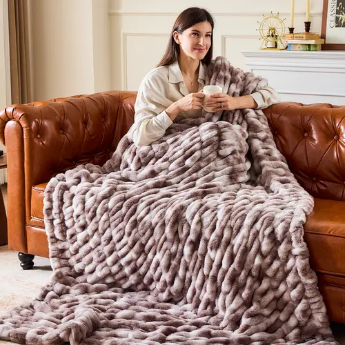 Ultra Soft Faux Fur Throw Blanket (60x50in), Warm Flannel, Flannel Gift, Luxury 3D Texture Plush Double-Sided Same Fabric, Cozy Warm for Couch, Glam Unisex Room Decor, Aesthetic Home Decor, Ideal Birthday Gift