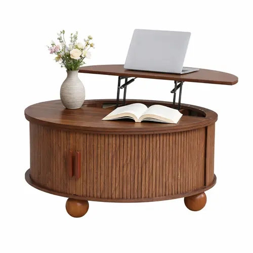 Giratree 33.5" Modern Coffee Table with Lift Half-Top, Black Round Wood Coffee Table with Storage, Lving Room Center Tables with Sliding Door & Ball Legs