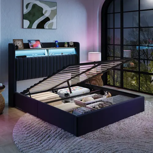 SHA CERLIN LED Storage Bed Frame【No Mattress】Charging Shelves Headboard with Led Light Platform Bed Frame,  No Box Spring Needed,Wood Slats Support, Full Queen King Size, Queen Bed Frame, Bed Frame For Queen,dorm essentials,home decor