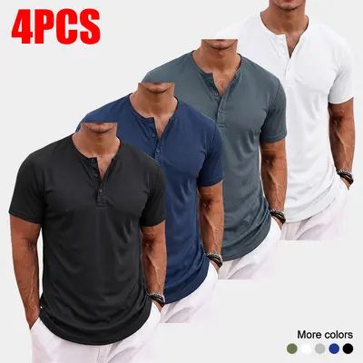 4-Pack Men’s Casual Henley Short-Sleeve T-Shirts, Button Front, Breathable Polyester Fabric, Beach Vacation Everyday Tops
