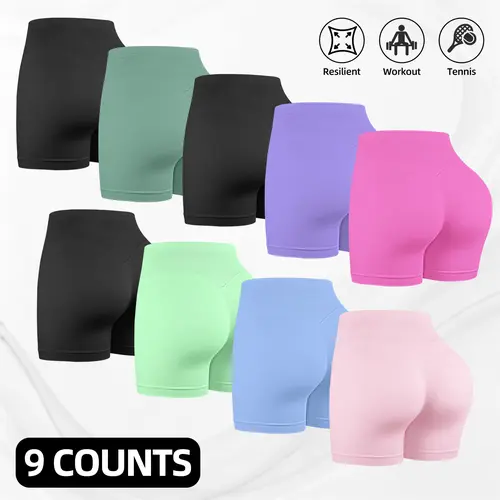 Women's Seamless Shorts Yoga High Waist Booty Shorts, 9 PACKS Seamless Scrunch Butt Lift Biker Shorts for Gym, Yoga & Daily Wear