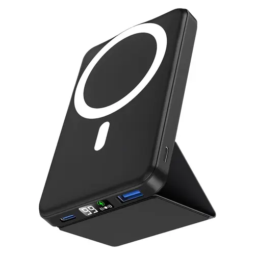 Podoru 10000mAh Compact Silicone Magnetic MagSafe Portable Charger - 20W PD Fast Charging, LED Display, Foldable Stand, USB-A Output, USB-C & Lightning Input, Mobile Devices Protection, for iPhone 17/16/15/14/13/12 Series, Travel Gadget