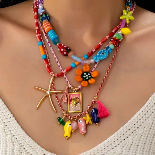 Boho Chic Layered Beaded Necklaces Set, Statement Necklace, Handmade Braided Cord Necklace with Fish & Starfish Charms, Enameled Heart Design, Bohemian Chic, Boho Style Jewelry