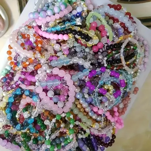 35pcs Handmade Glass Bead Bracelet Stacks Set - Multicolor Cracked Elastic Stretch Bangles, Vibrant & Pastel Smooth Spherical Beads, Handmade Accessories for Teens, Casual/Party Use, Jewelry Gift for Family & Friends