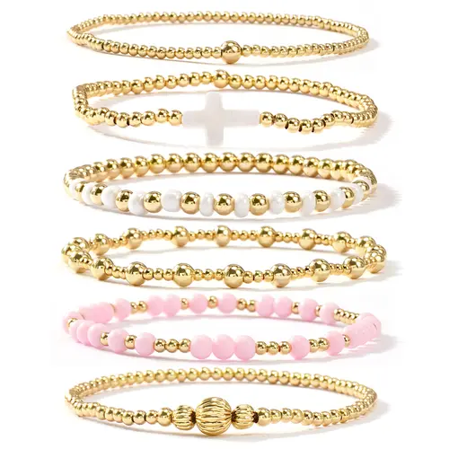 SHINUS Women's Boho 14 Karat Gold-Plated Brass Small Seed Ball Beads Stretch Bracelet Wrist Stack - 7in, Stackable, Trendy, Waterproof, Pink Link, Gold Aesthetic, Unique Costume Jewelry, Accessories for Women, Valentine's Day Gift, Jewelry For Women, Funk