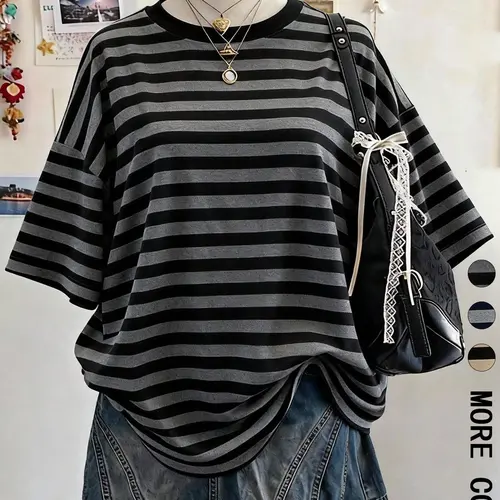 1 Piece Women's T-Shirt, Spring & Summer Black Gray Striped Crew Neck Short Sleeve Loose Fit Drop Shoulder Tee, Vintage Streetwear, Soft Breathable Top, Casual Tee Shirts, Office School Vacation Wear