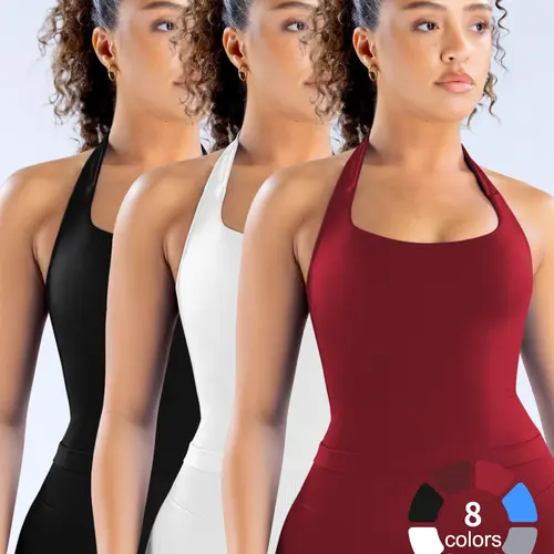 3 Pcs Women's Yoga Halter Neck Tank Top with Removable Pads, Three-Layer Seamless Backless Tank Tops Casual Solid Color All Seasons Wear Gym Top, Activewear For Yoga, Activewear Clothing