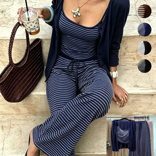 Women's Plus Size Early Fall Striped Layered Three-Piece Set, Navy Long Sleeve Blouse, Cami Top and High Waist Pants, Casual Home Wear