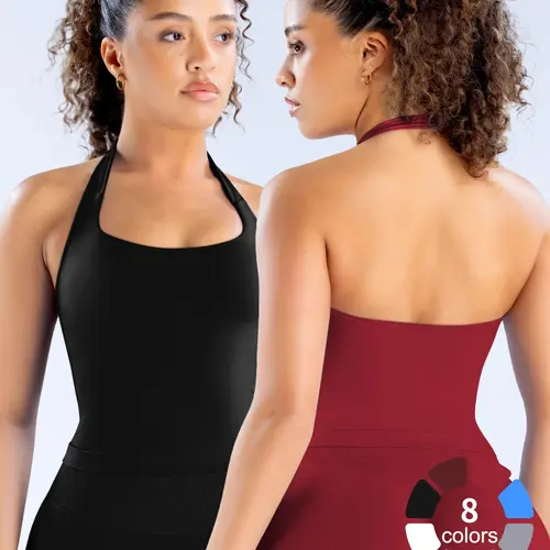 1/2/3/4Pcs Women's Yoga Halter Neck Tank Top with Removable Pads, Three-Layer Seamless Backless Tank Tops Casual Solid Color Soft All Seasons Wear Sporty Tank Top
