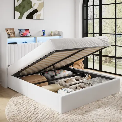 SHA CERLIN Modern Wingback Lift-Up Storage Platform Bed Frame with Charging Outlet Shelves, LED Light Headboard, Wood Slats Support, No Box Spring Needed (Full, Queen, King Sizes), Modern Platform Bed, Wingback Platform Bed,dorm essentials,home decor