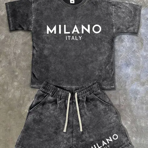 Men’s fashion retro washed distressed cotton short-sleeve T-shirt and shorts set — American street Y2K trend with snowflake, Milan letter print, and a unique design. Comfortable, breathable, lightweight fabric for surfing and basketball; suitable for all