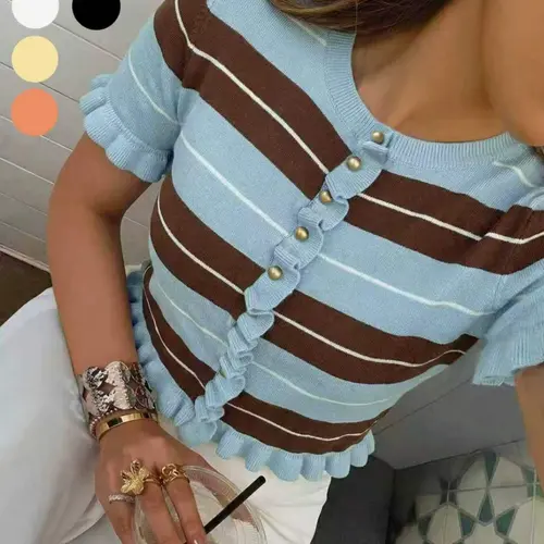 Women's Casual Elegant Ruffle Striped Knit Cardigan Top, Round Neck and Short Sleeve Design, Stylish Look, Perfect for Music Festivals, Knitwear Womenswear, Casual Fitted Knitwear, Fashion Knit Clothing