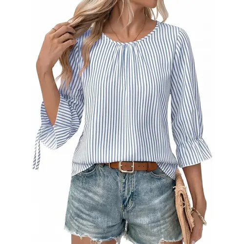 Shewin Women's Striped Pullover Blouse - Lady's Scoop Neck Top with 3/4 Tie Flare Sleeves, Back Buttons, Long Sleeve Option, for Daily OOTD Ideas | Women's Tops and Blouses, Shirts