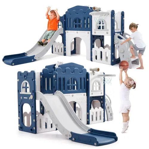 8-in-1 Indoor Playground Playset for Toddlers – Slide, Climber, Crawling Tunnel, Basketball Hoop, Telescope, Toy Storage – Sturdy Activity Equipment for Kids Ages 1-3 – Indoor/Outdoor Use