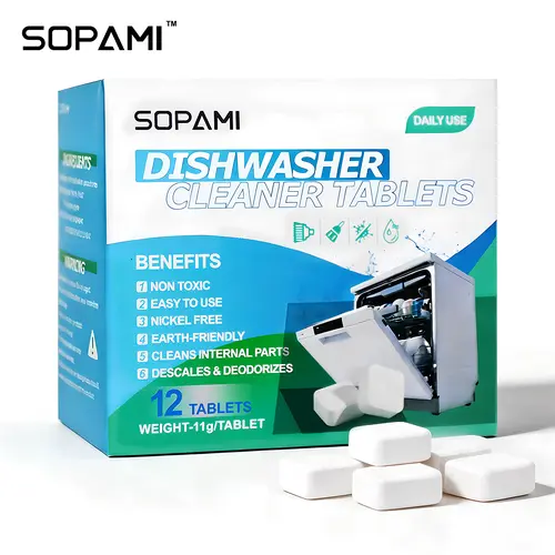 SOPAMI Dishwasher Cleaner Tablets | Pack of 12 pieces at 11g per piece, eco-friendly composition, works to descale and eliminate odors, practical daily care product for home dishwashers