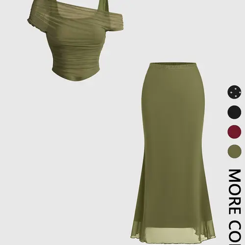 Women's 2-Piece Spring Summer Mesh Outfit Set, Matching Skirt Set, Off-Shoulder Ruched Crop Top & High Waist Mermaid Midi Skirt, French Chic Old-Money Style for Date Night, Vacation and Wedding Guest Wear, Womenswear