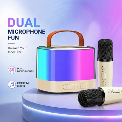 Mini Bluetooth Karaoke Machine equipped with 2 wireless microphones, dazzling LED disco lights, Bluetooth 5.3 technology, USB charging, and 5 sound effect modes. Perfect for outdoor gatherings or home use—an ideal gift choice. Portable RGB Speaker djimi c