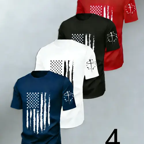 Men's Striped Short Sleeve T-Shirt Set, Round Neck Geometric Flag Pattern, Breathable Quick Dry, Sporty Casual Wear, Clothes