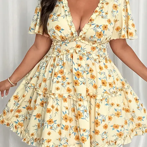 Women's Summer Chiffon Floral Print Ruffle Sleeve Midi Dress, Plus Size Casual Lady Fashion, Elegant A-Line Skirt for Daily Wear Womenswear