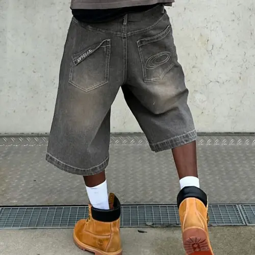 Men's Spring Summer Casual Washed Embroidered Denim Shorts, Versatile Loose Fit Jean Mid-Thigh Five-Inch Pants, Comfortable Fashion