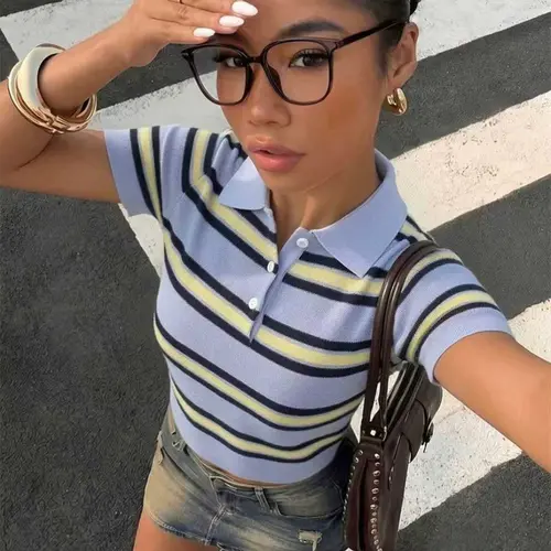 Women's Preppy Striped Knit Polo Shirt, Slim-Fit Short-Sleeve with Contrast Collar, Soft Lightweight Summer Top, Striped Polo Shirts